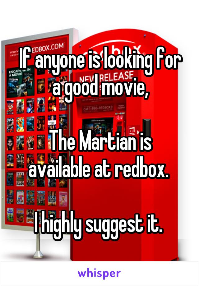If anyone is looking for a good movie,

The Martian is available at redbox. 

I highly suggest it. 