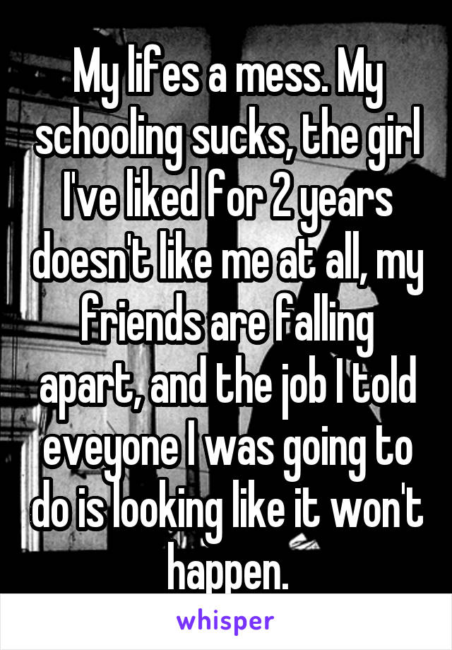 My lifes a mess. My schooling sucks, the girl I've liked for 2 years doesn't like me at all, my friends are falling apart, and the job I told eveyone I was going to do is looking like it won't happen.