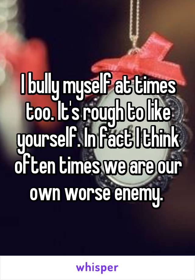 I bully myself at times too. It's rough to like yourself. In fact I think often times we are our own worse enemy. 
