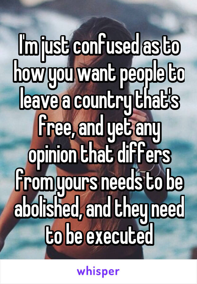 I'm just confused as to how you want people to leave a country that's free, and yet any opinion that differs from yours needs to be abolished, and they need to be executed