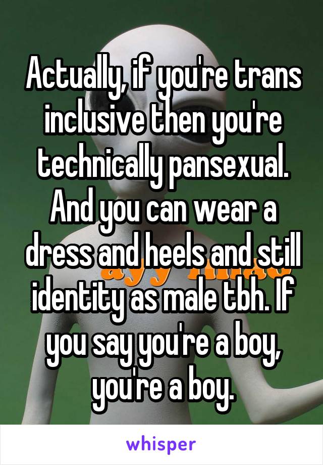 Actually, if you're trans inclusive then you're technically pansexual. And you can wear a dress and heels and still identity as male tbh. If you say you're a boy, you're a boy.