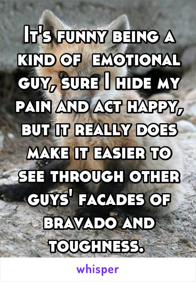 It's funny being a kind of  emotional guy, sure I hide my pain and act happy, but it really does make it easier to see through other guys' facades of bravado and toughness. 