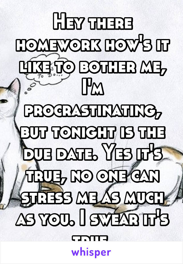 Hey there homework how's it like to bother me, I'm procrastinating, but tonight is the due date. Yes it's true, no one can stress me as much as you. I swear it's true.