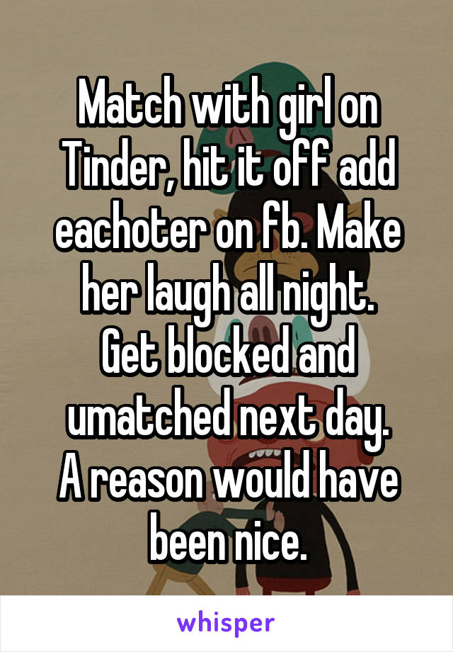 Match with girl on Tinder, hit it off add eachoter on fb. Make her laugh all night.
Get blocked and umatched next day.
A reason would have been nice.