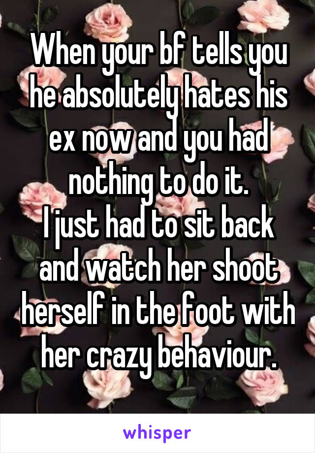 When your bf tells you he absolutely hates his ex now and you had nothing to do it.
I just had to sit back and watch her shoot herself in the foot with her crazy behaviour.
