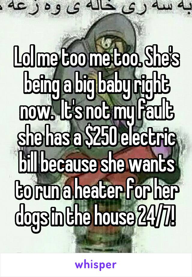 Lol me too me too. She's being a big baby right now.  It's not my fault she has a $250 electric bill because she wants to run a heater for her dogs in the house 24/7! 