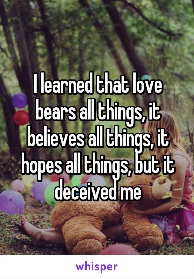 I learned that love bears all things, it believes all things, it hopes all things, but it deceived me