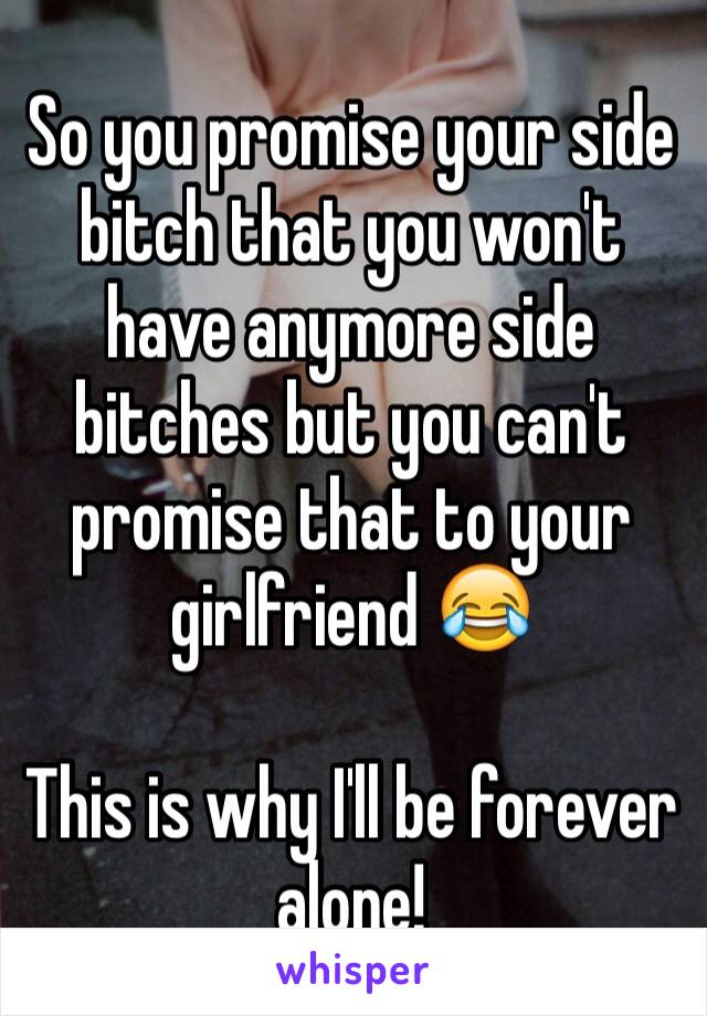 So you promise your side bitch that you won't have anymore side bitches but you can't promise that to your girlfriend 😂 

This is why I'll be forever alone! 