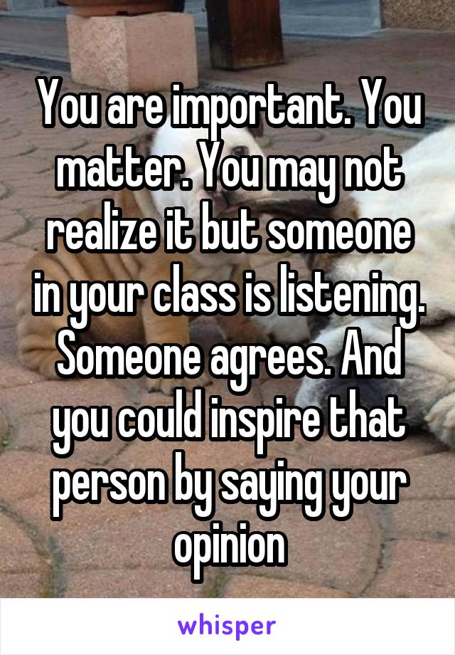 You are important. You matter. You may not realize it but someone in your class is listening. Someone agrees. And you could inspire that person by saying your opinion