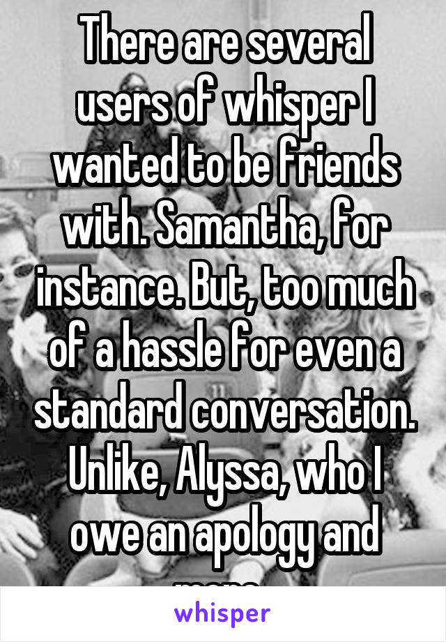 There are several users of whisper I wanted to be friends with. Samantha, for instance. But, too much of a hassle for even a standard conversation. Unlike, Alyssa, who I owe an apology and more. 