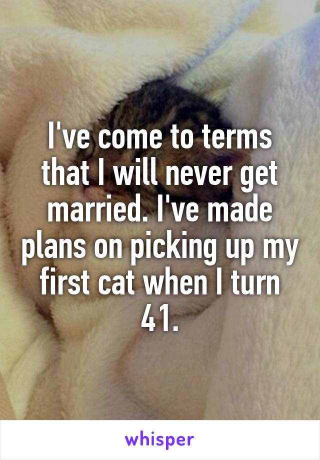 I've come to terms that I will never get married. I've made plans on picking up my first cat when I turn 41.
