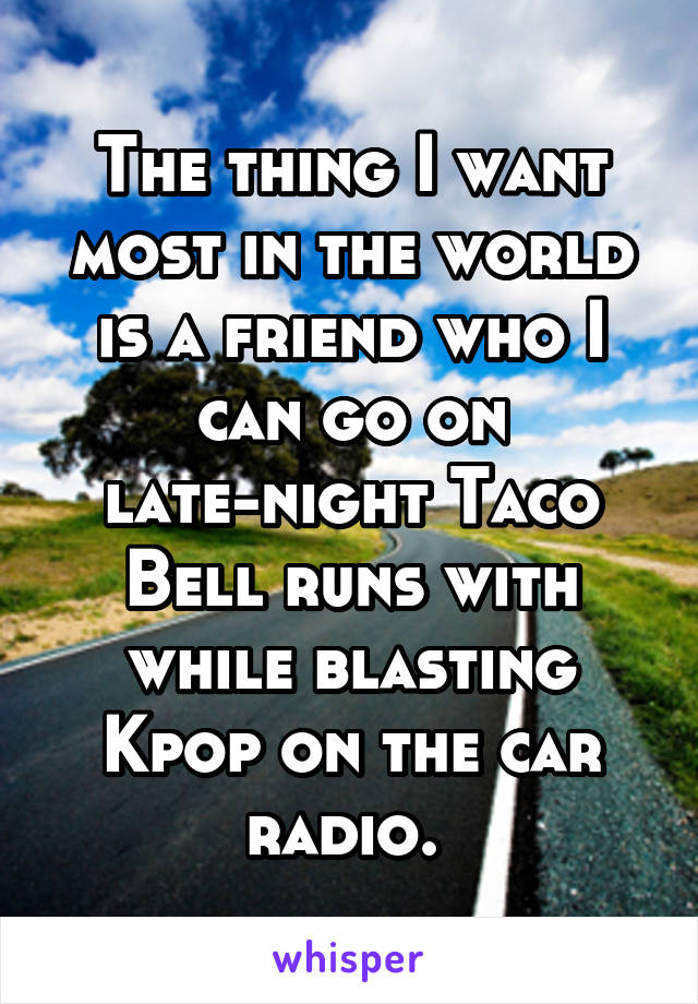 The thing I want most in the world is a friend who I can go on late-night Taco Bell runs with while blasting Kpop on the car radio. 