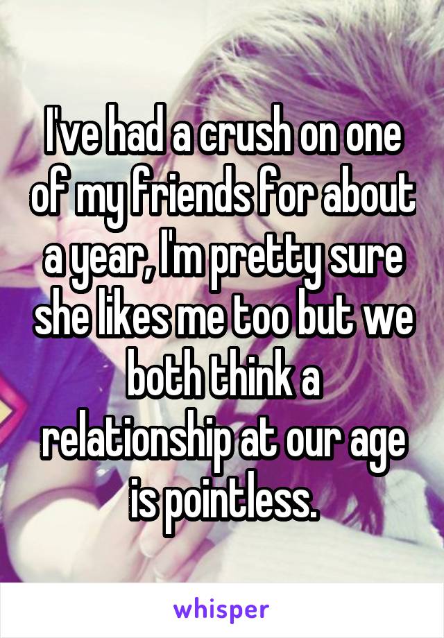 I've had a crush on one of my friends for about a year, I'm pretty sure she likes me too but we both think a relationship at our age is pointless.