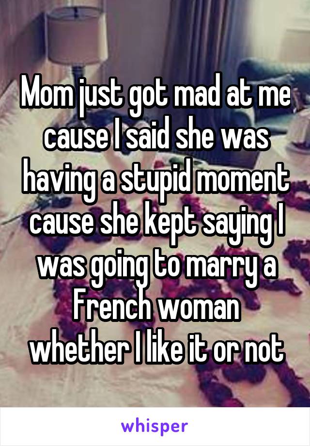 Mom just got mad at me cause I said she was having a stupid moment cause she kept saying I was going to marry a French woman whether I like it or not