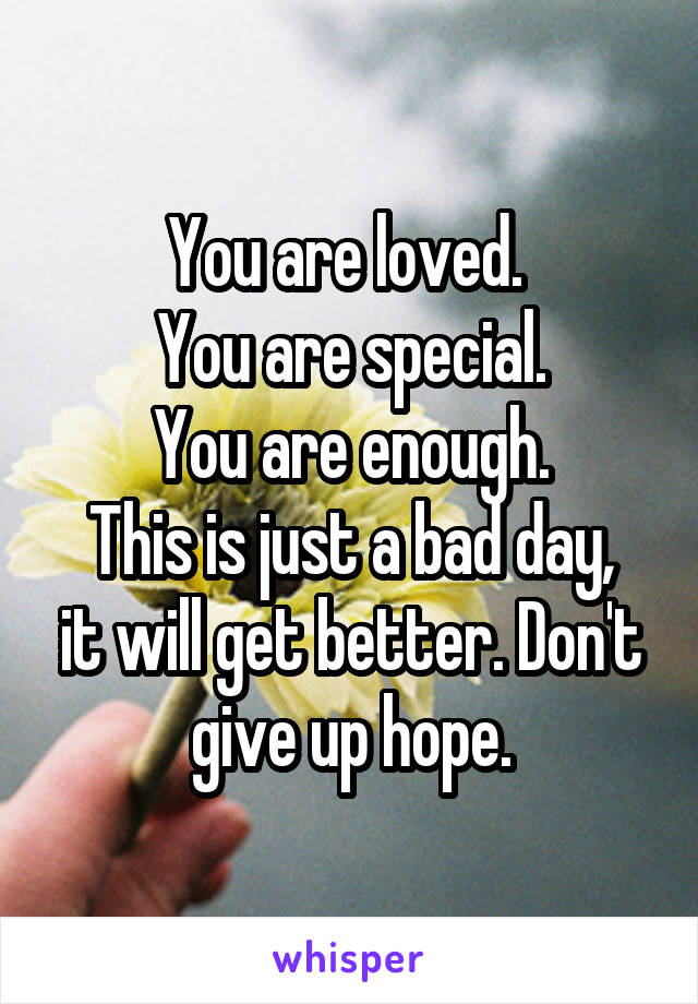 You are loved. 
You are special.
You are enough.
This is just a bad day, it will get better. Don't give up hope.