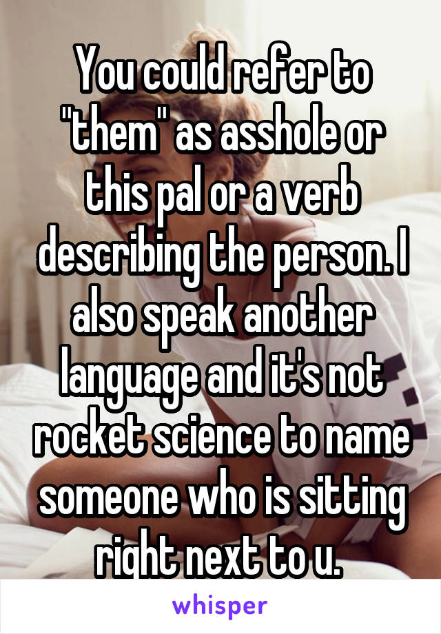 You could refer to "them" as asshole or this pal or a verb describing the person. I also speak another language and it's not rocket science to name someone who is sitting right next to u. 