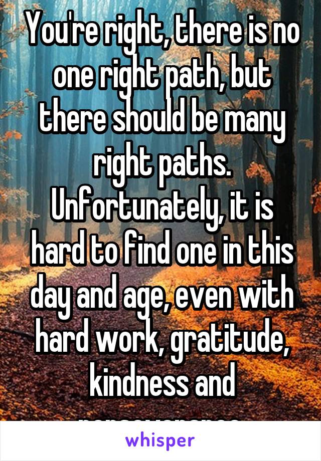 You're right, there is no one right path, but there should be many right paths. Unfortunately, it is hard to find one in this day and age, even with hard work, gratitude, kindness and perseverance.