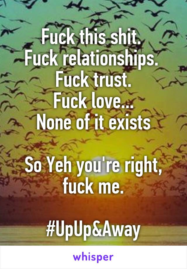 Fuck this shit. 
Fuck relationships. 
Fuck trust.
Fuck love...
None of it exists

So Yeh you're right, fuck me.

#UpUp&Away