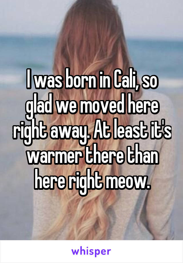 I was born in Cali, so glad we moved here right away. At least it's warmer there than here right meow.