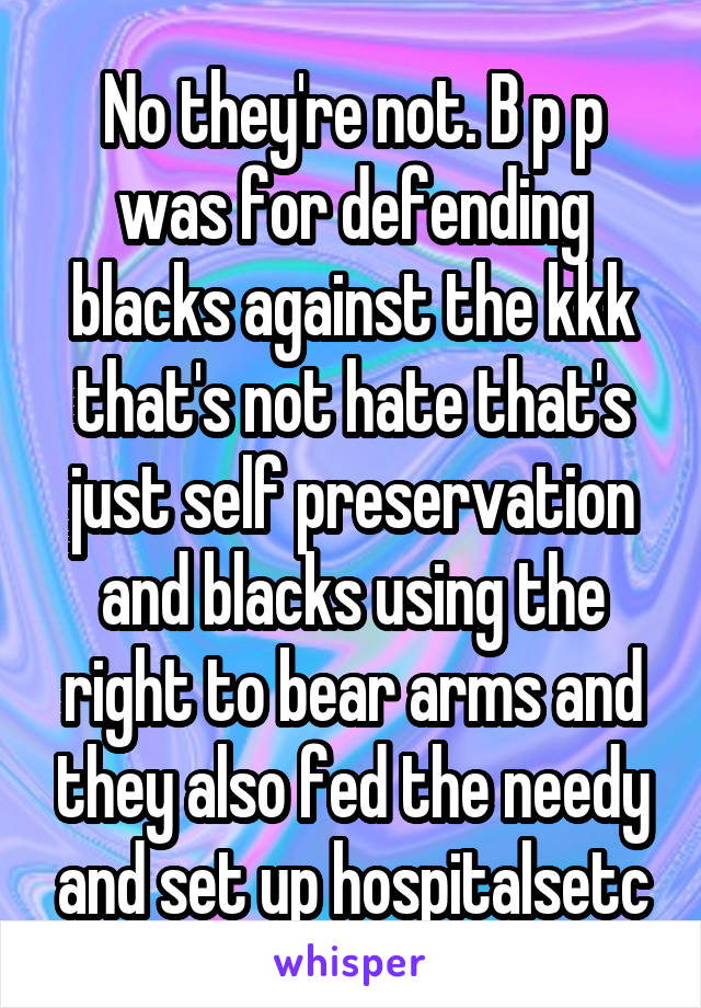 No they're not. B p p was for defending blacks against the kkk that's not hate that's just self preservation and blacks using the right to bear arms and they also fed the needy and set up hospitalsetc