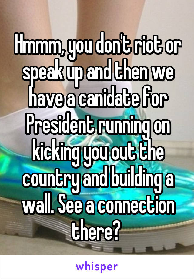 Hmmm, you don't riot or speak up and then we have a canidate for President running on kicking you out the country and building a wall. See a connection there? 