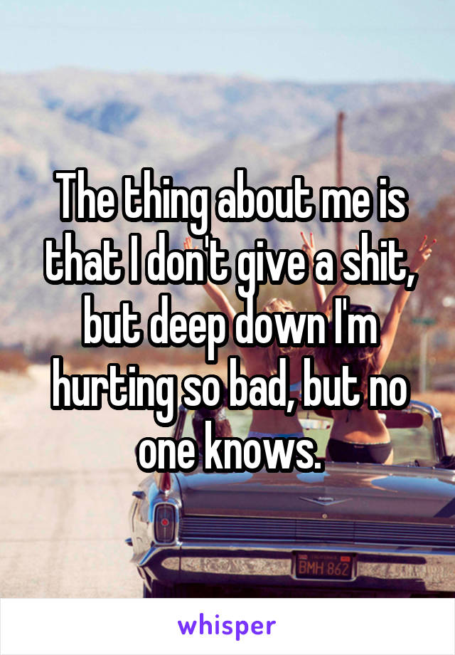 The thing about me is that I don't give a shit, but deep down I'm hurting so bad, but no one knows.