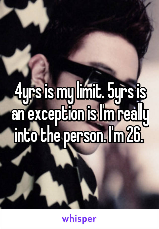 4yrs is my limit. 5yrs is an exception is I'm really into the person. I'm 26. 