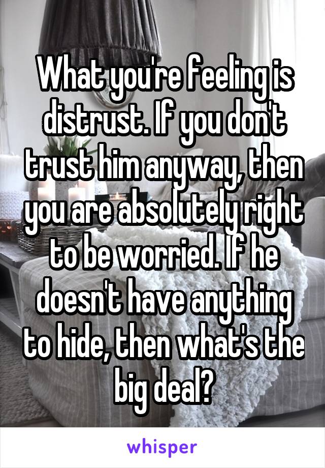 What you're feeling is distrust. If you don't trust him anyway, then you are absolutely right to be worried. If he doesn't have anything to hide, then what's the big deal?