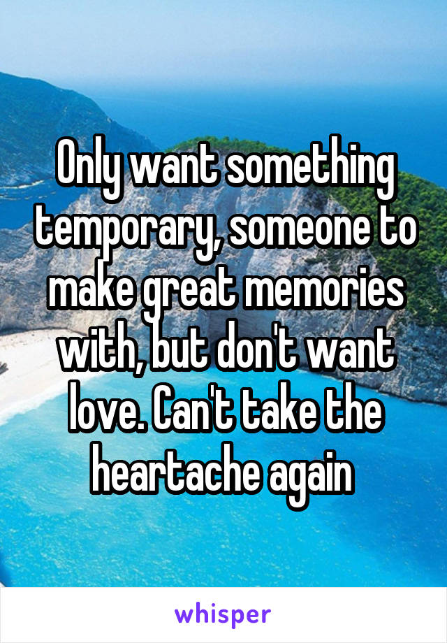 Only want something temporary, someone to make great memories with, but don't want love. Can't take the heartache again 
