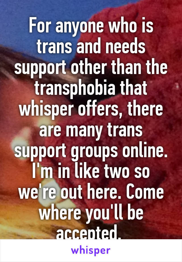 For anyone who is trans and needs support other than the transphobia that whisper offers, there are many trans support groups online. I'm in like two so we're out here. Come where you'll be accepted. 