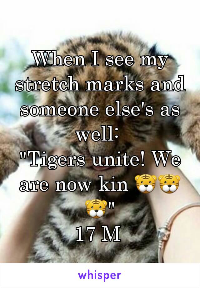 When I see my stretch marks and someone else's as well: 
"Tigers unite! We are now kin 🐯🐯🐯"
17 M 