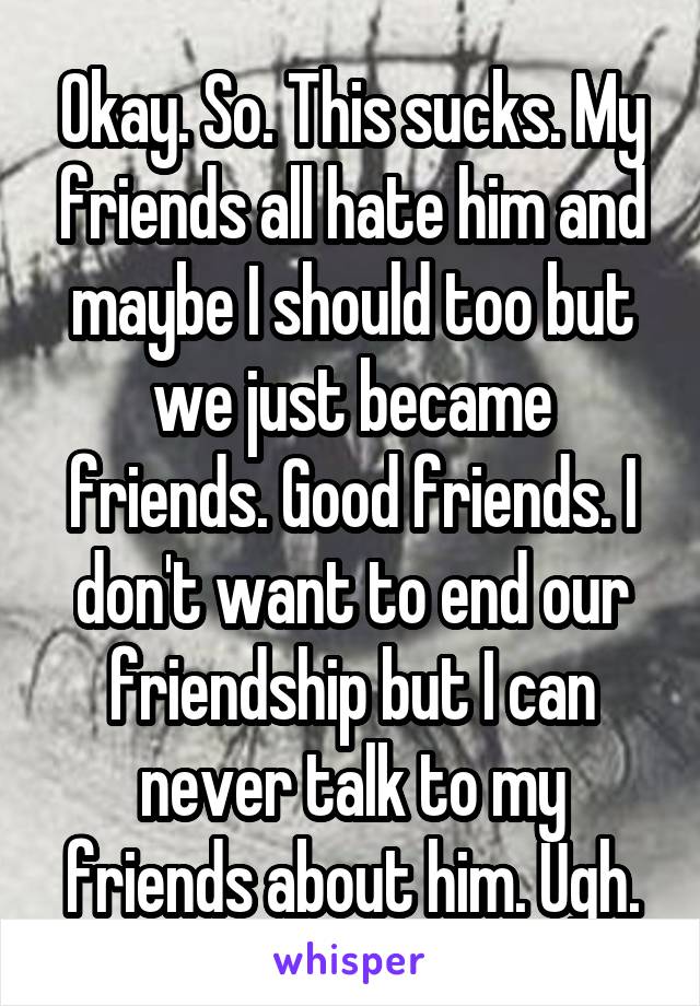 Okay. So. This sucks. My friends all hate him and maybe I should too but we just became friends. Good friends. I don't want to end our friendship but I can never talk to my friends about him. Ugh.