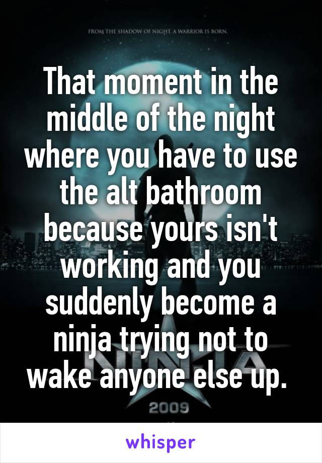 That moment in the middle of the night where you have to use the alt bathroom because yours isn't working and you suddenly become a ninja trying not to wake anyone else up. 