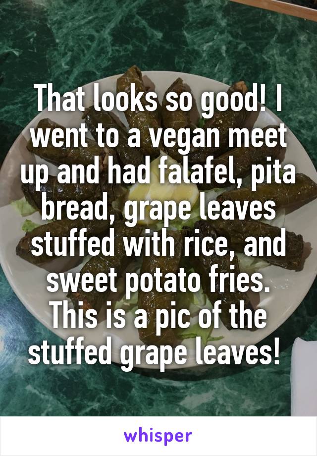 That looks so good! I went to a vegan meet up and had falafel, pita bread, grape leaves stuffed with rice, and sweet potato fries. This is a pic of the stuffed grape leaves! 