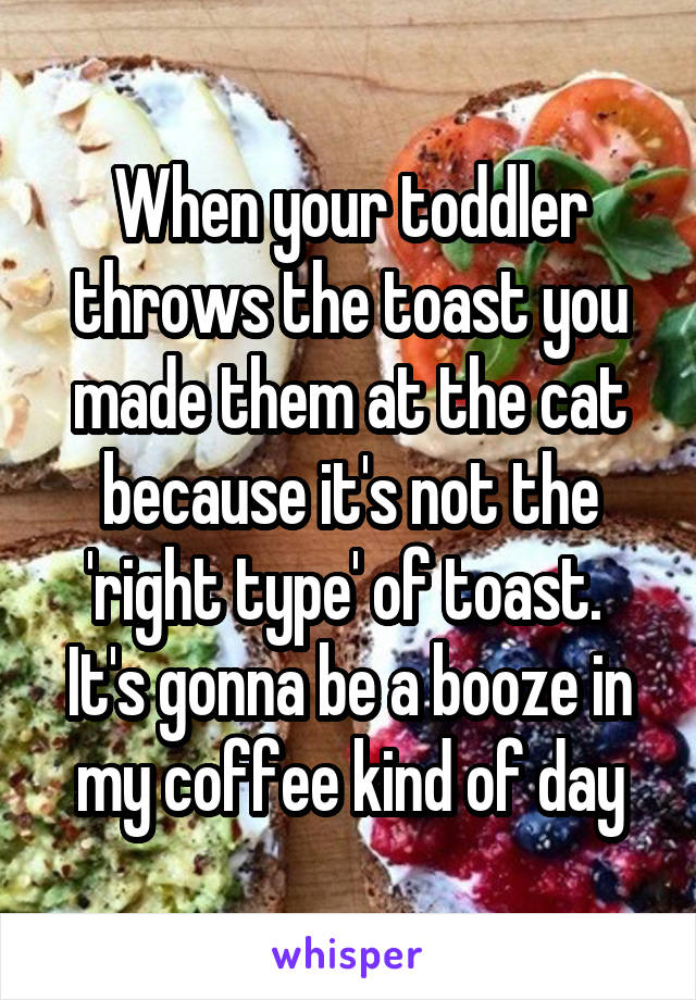 When your toddler throws the toast you made them at the cat because it's not the 'right type' of toast. 
It's gonna be a booze in my coffee kind of day