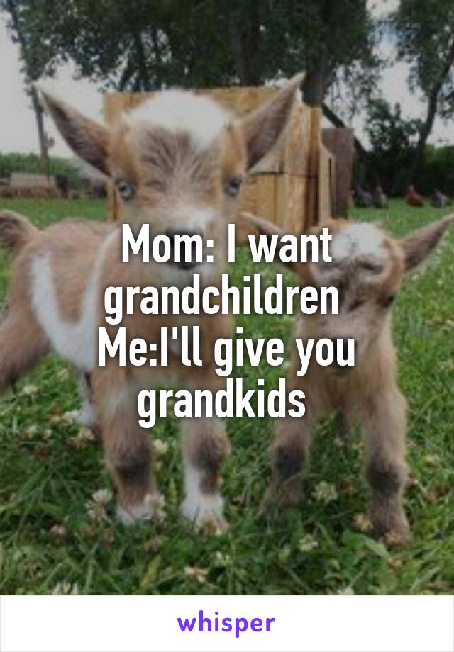 Mom: I want grandchildren 
Me:I'll give you grandkids 