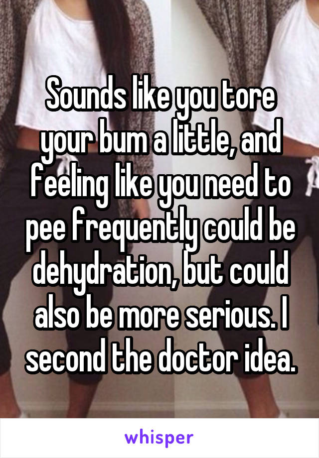 Sounds like you tore your bum a little, and feeling like you need to pee frequently could be dehydration, but could also be more serious. I second the doctor idea.