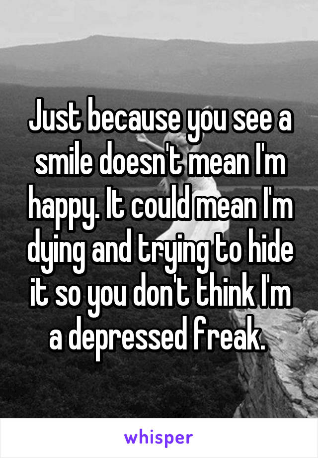 Just because you see a smile doesn't mean I'm happy. It could mean I'm dying and trying to hide it so you don't think I'm a depressed freak. 