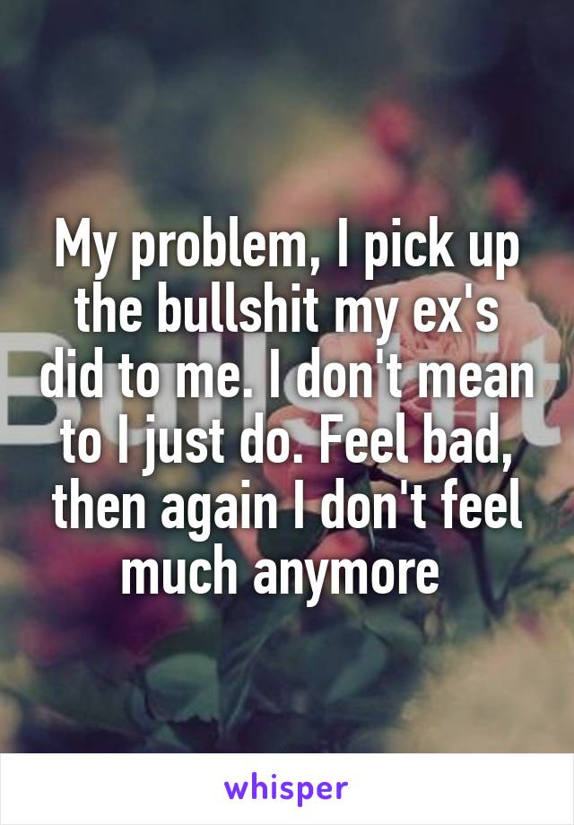 My problem, I pick up the bullshit my ex's did to me. I don't mean to I just do. Feel bad, then again I don't feel much anymore 