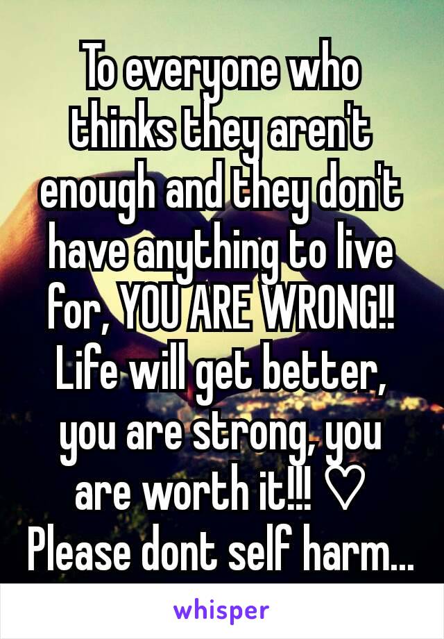 To everyone who thinks they aren't enough and they don't have anything to live for, YOU ARE WRONG!! Life will get better, you are strong, you are worth it!!! ♡
Please dont self harm...