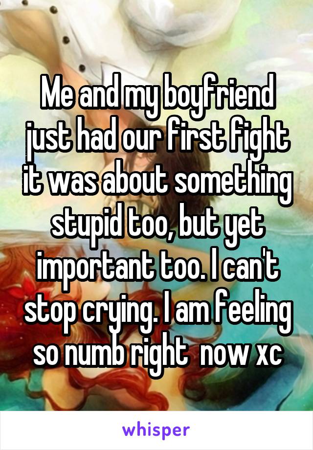 Me and my boyfriend just had our first fight it was about something stupid too, but yet important too. I can't stop crying. I am feeling so numb right  now xc