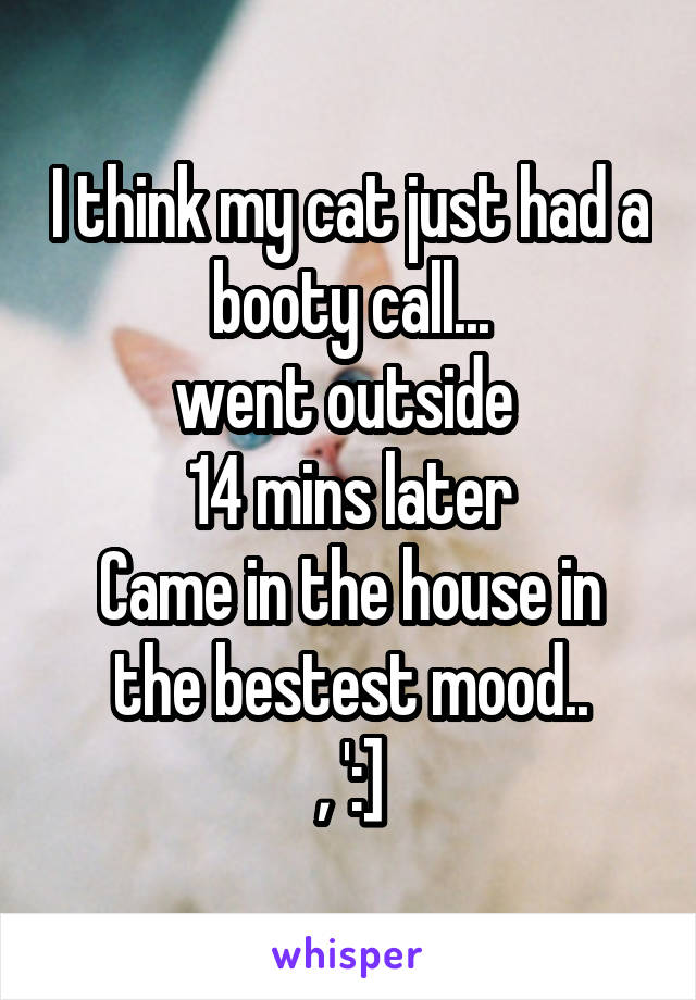 I think my cat just had a booty call...
went outside 
14 mins later
Came in the house in the bestest mood..
, ':]