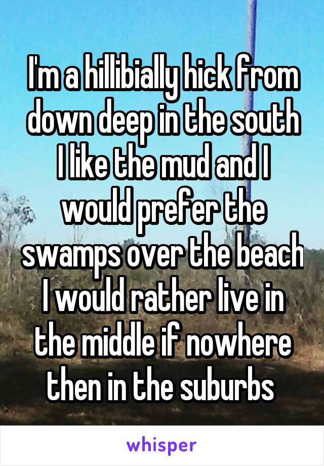 I'm a hillibially hick from down deep in the south I like the mud and I would prefer the swamps over the beach I would rather live in the middle if nowhere then in the suburbs 
