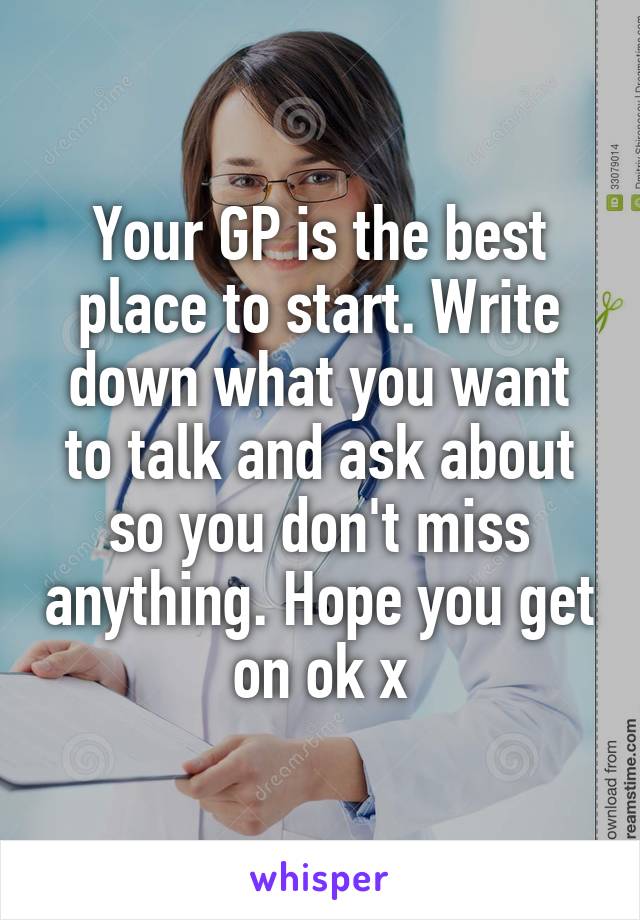 Your GP is the best place to start. Write down what you want to talk and ask about so you don't miss anything. Hope you get on ok x