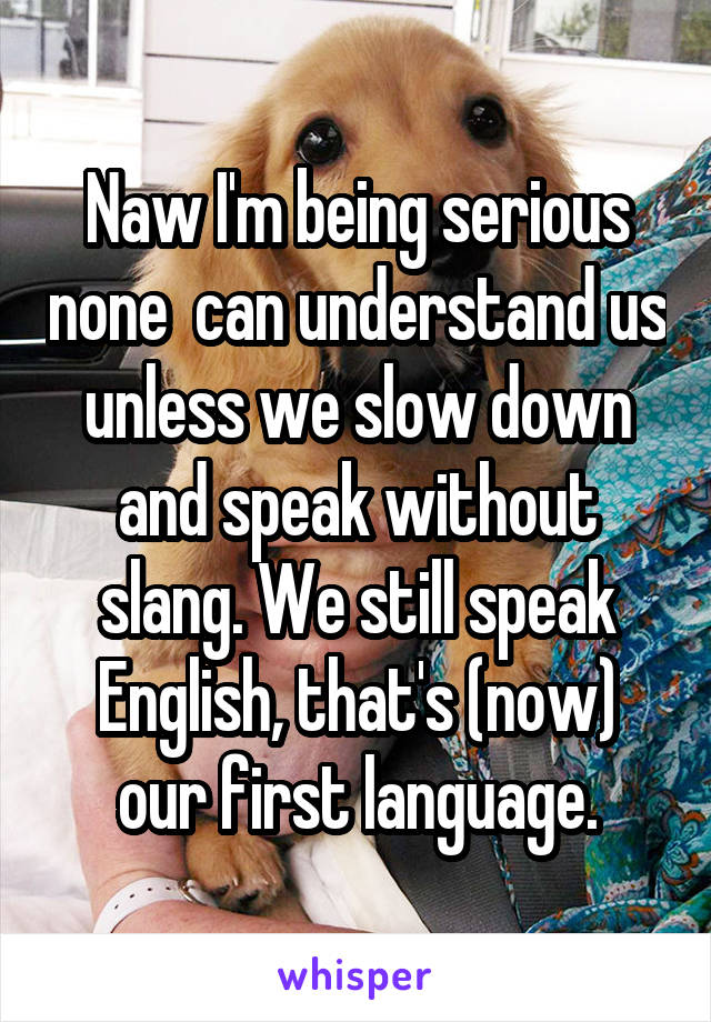 Naw I'm being serious none  can understand us unless we slow down and speak without slang. We still speak English, that's (now) our first language.