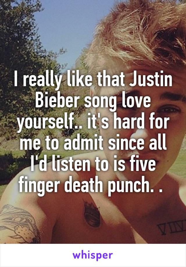 I really like that Justin Bieber song love yourself.. it's hard for me to admit since all I'd listen to is five finger death punch. . 