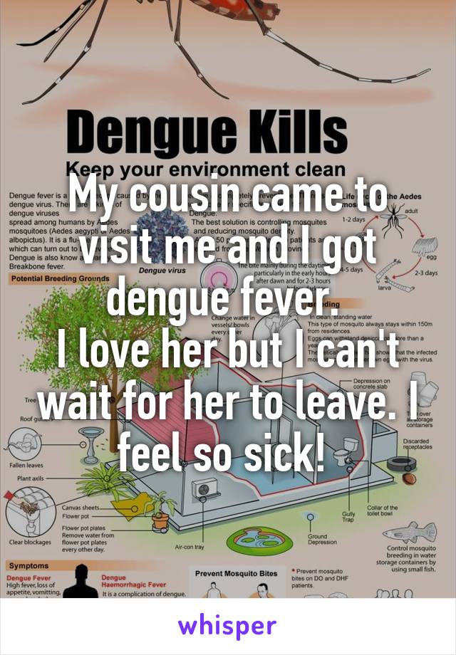 My cousin came to visit me and I got dengue fever. 
I love her but I can't wait for her to leave. I feel so sick! 