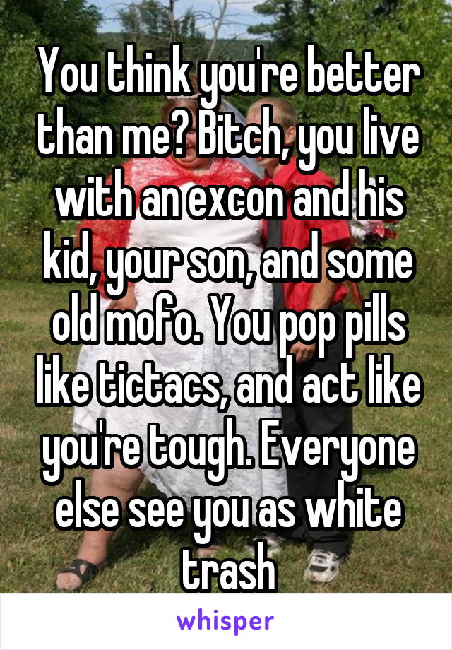 You think you're better than me? Bitch, you live with an excon and his kid, your son, and some old mofo. You pop pills like tictacs, and act like you're tough. Everyone else see you as white trash