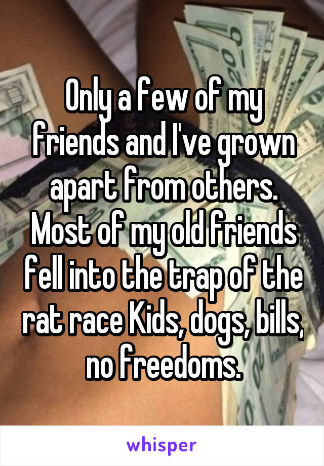 Only a few of my friends and I've grown apart from others. Most of my old friends fell into the trap of the rat race Kids, dogs, bills, no freedoms.