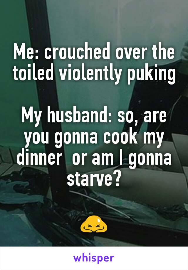 Me: crouched over the toiled violently puking

My husband: so, are you gonna cook my dinner  or am I gonna starve?

🙇